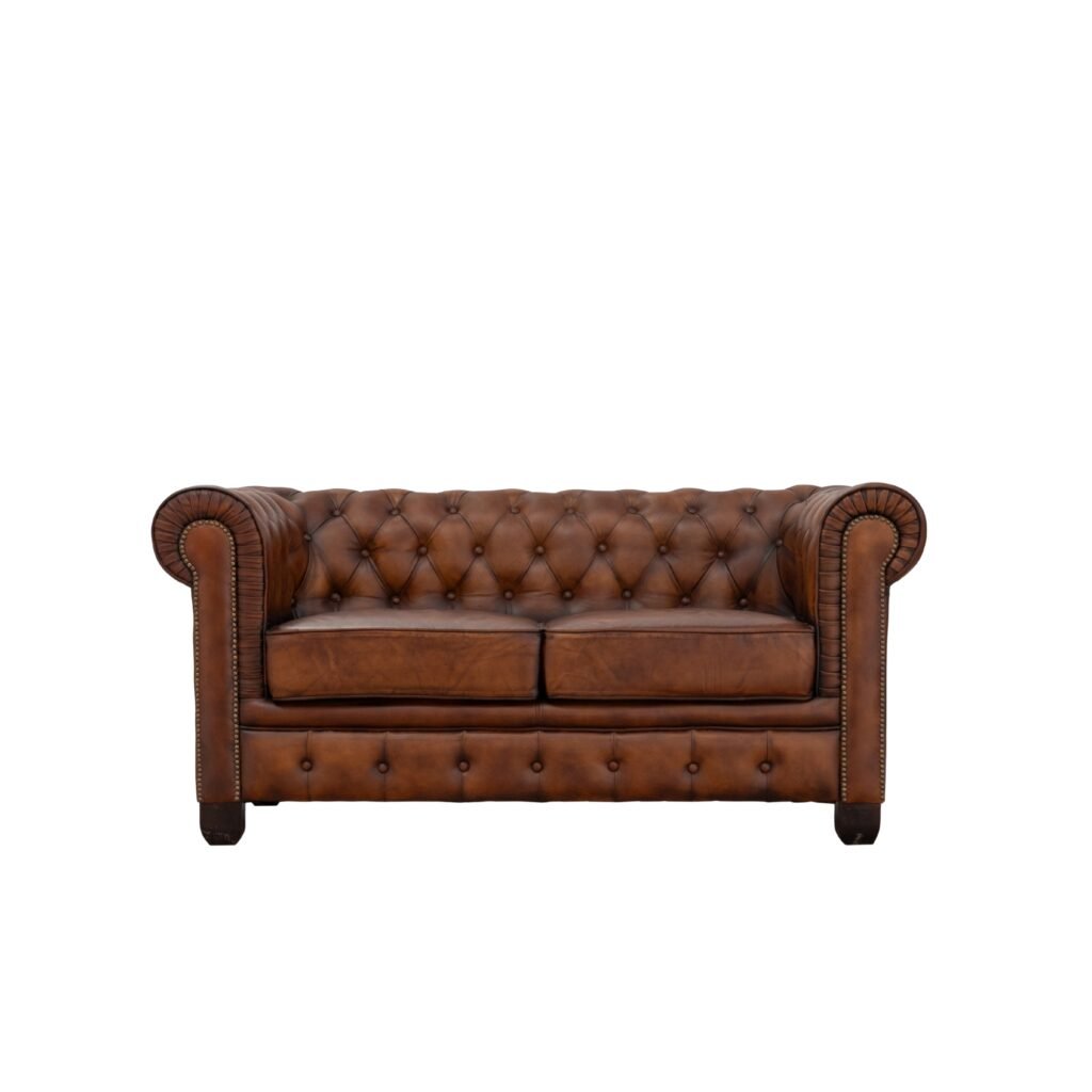 Chesterfield Traditional Genuine Antique Tan Leather Two Seater Sofa