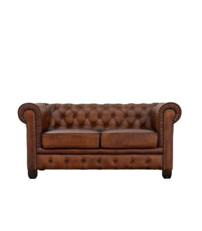 Chesterfield Traditional Genuine Antique Tan Leather Two Seater Sofa