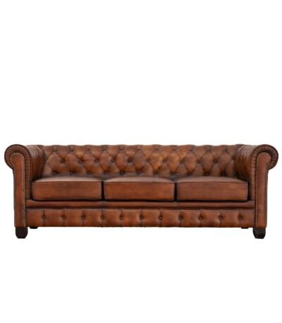Chesterfield Traditional Genuine Antique Tan Leather Three Seater Sofa