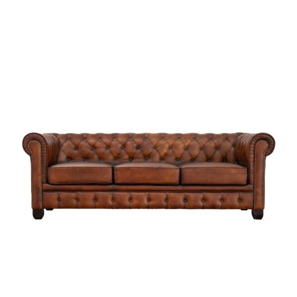 Chesterfield Traditional Genuine Antique Tan Leather Three Seater Sofa