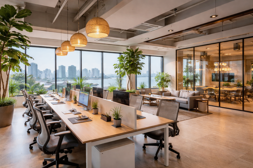 Modern Mumbai office interior featuring contemporary workstations, ergonomic chairs, indoor plants, and a skyline view — crafted by leading furniture manufacturers in Mumbai.