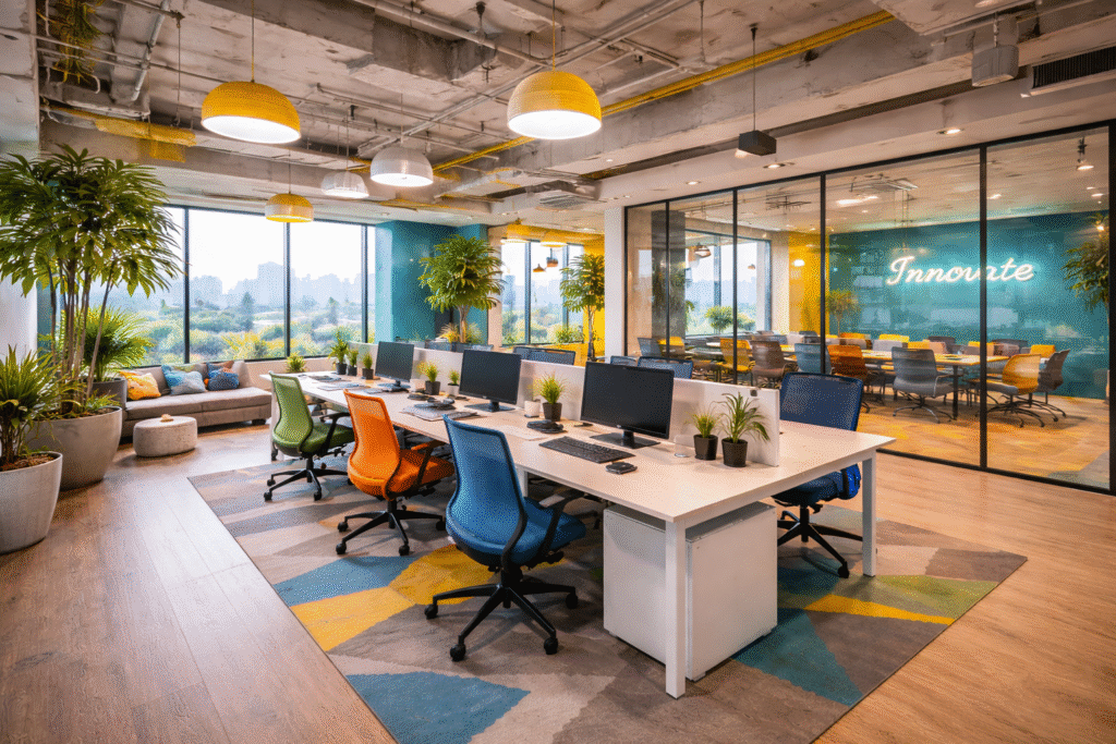 Modern office interior created by furniture manufacturers in Bangalore, featuring open workspaces, ergonomic seating, and contemporary design elements.