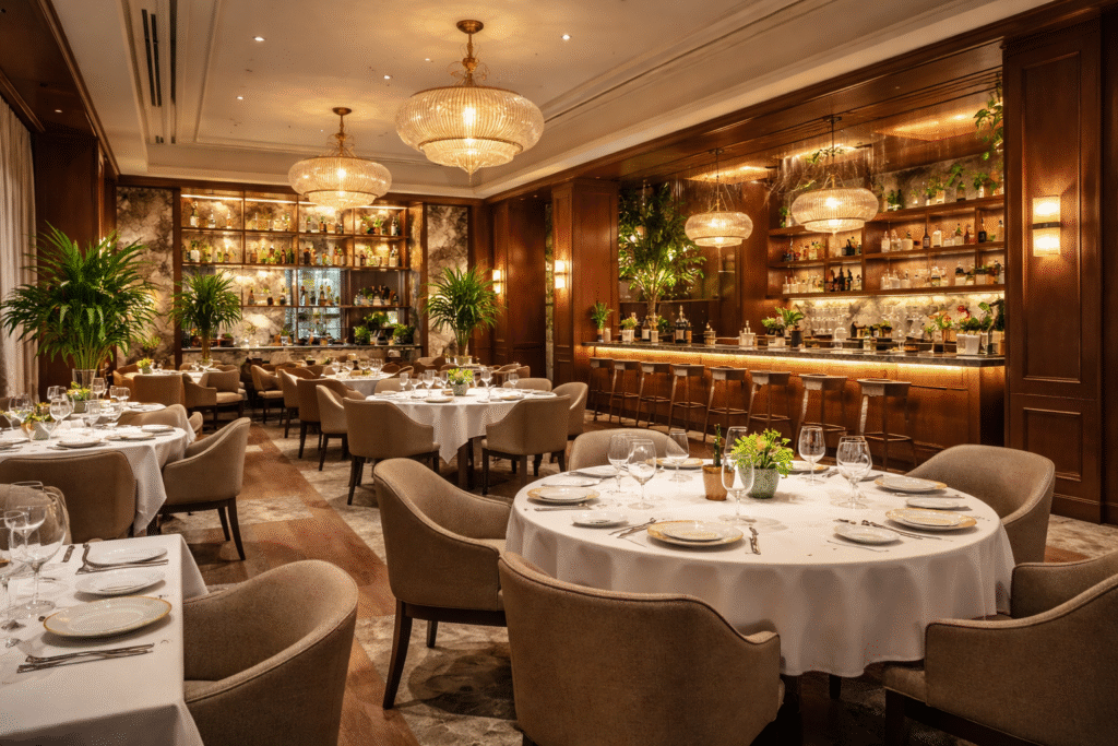 Luxury restaurant interior designed with premium wooden furniture crafted by furniture manufacturers in Bangalore.
