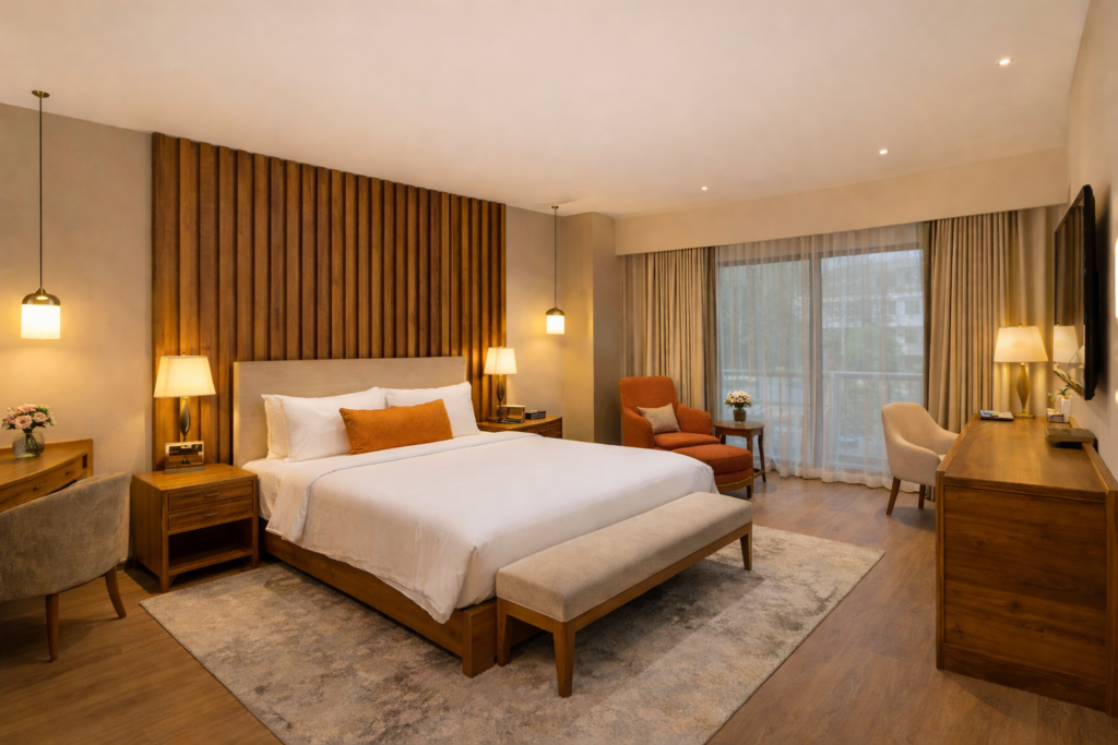 Luxury hotel bedroom furniture made of solid wood by hotel furniture manufacturers in Jodhpur