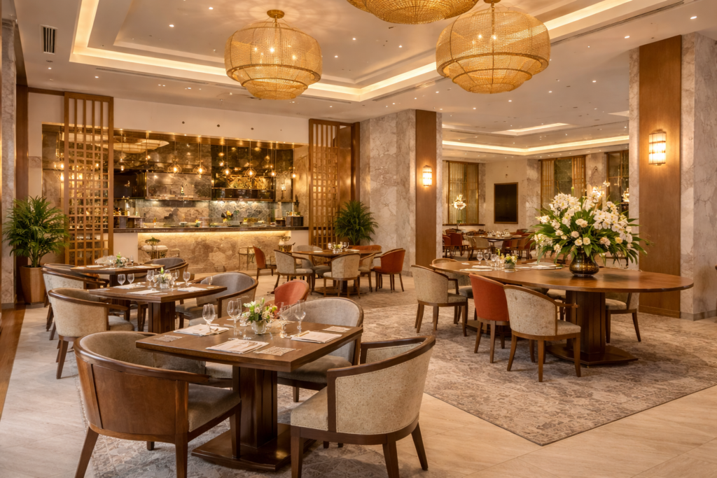 Hotel dining hall furniture manufactured in Jodhpur with solid wood tables and upholstered chairs
