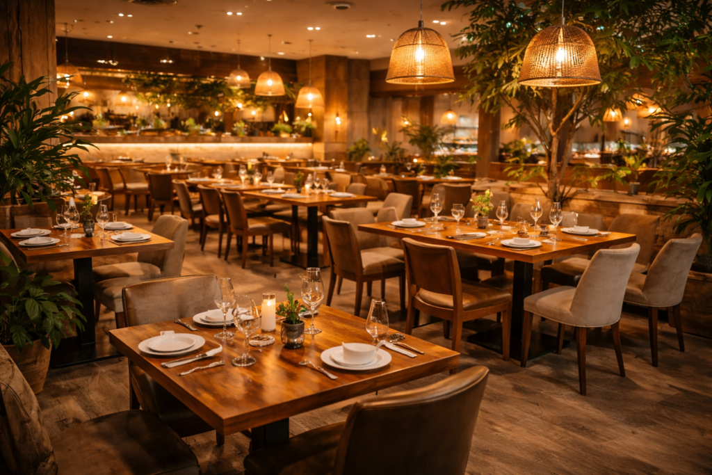 Luxury wooden restaurant furniture interior with custom dining tables and chairs