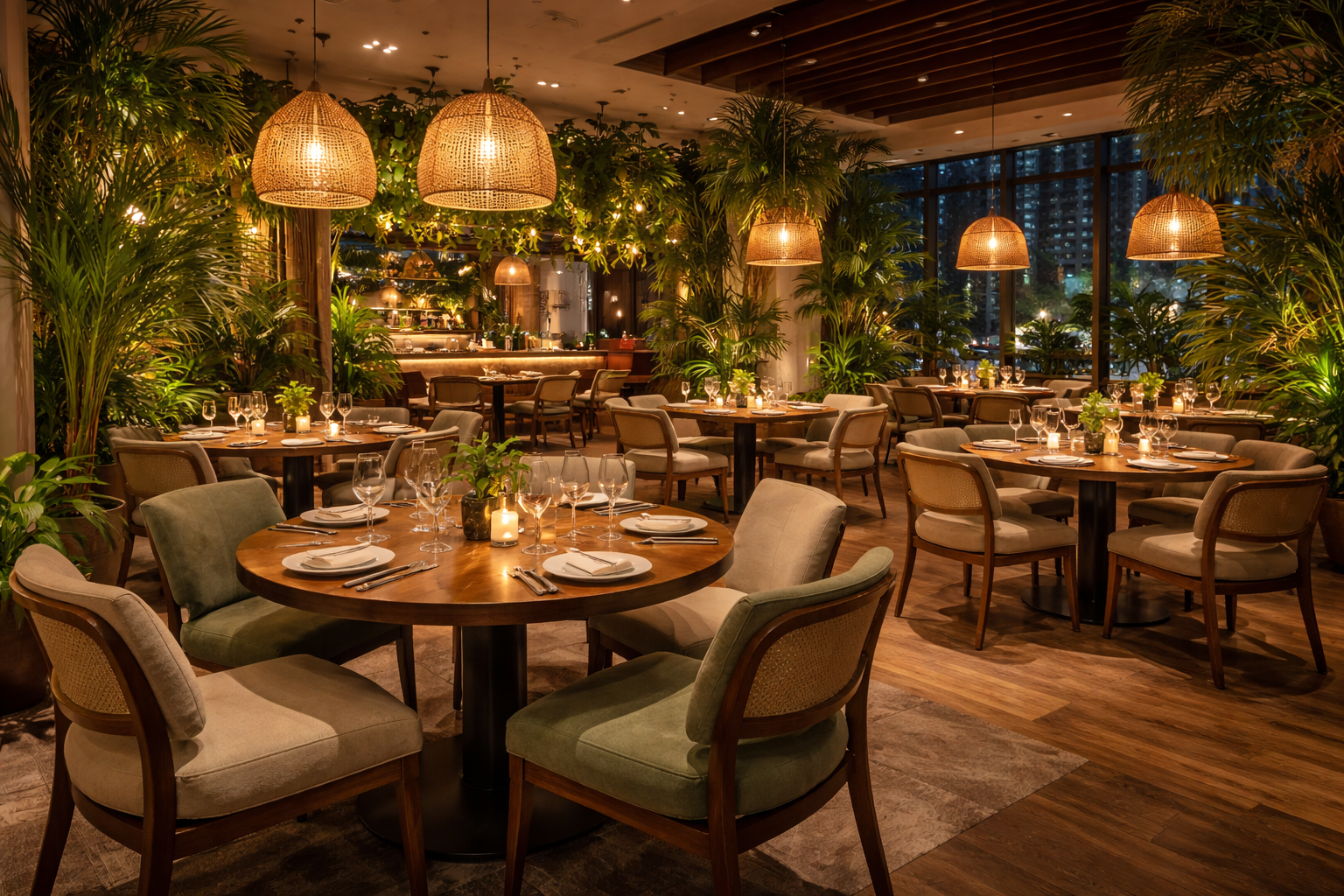 Premium restaurant furniture setup featuring wooden dining tables and upholstered chairs in a modern restaurant interior