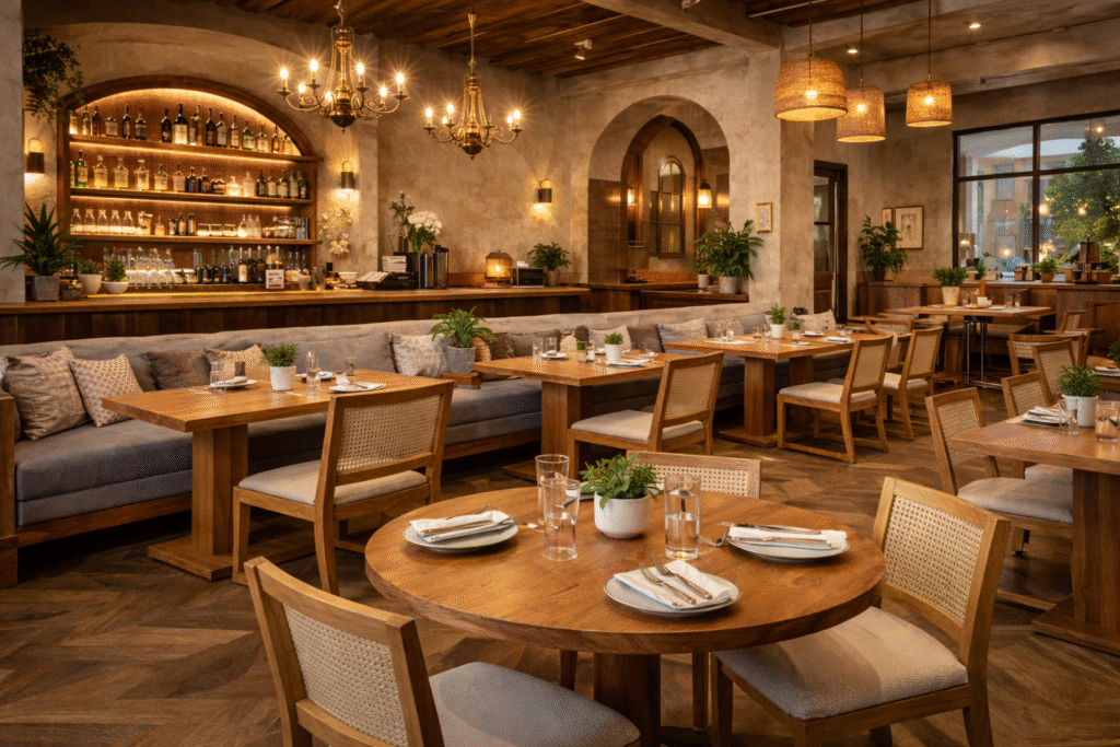 Custom wooden furniture for cafés and restaurants crafted by wooden furniture manufacturers in Jaipur
