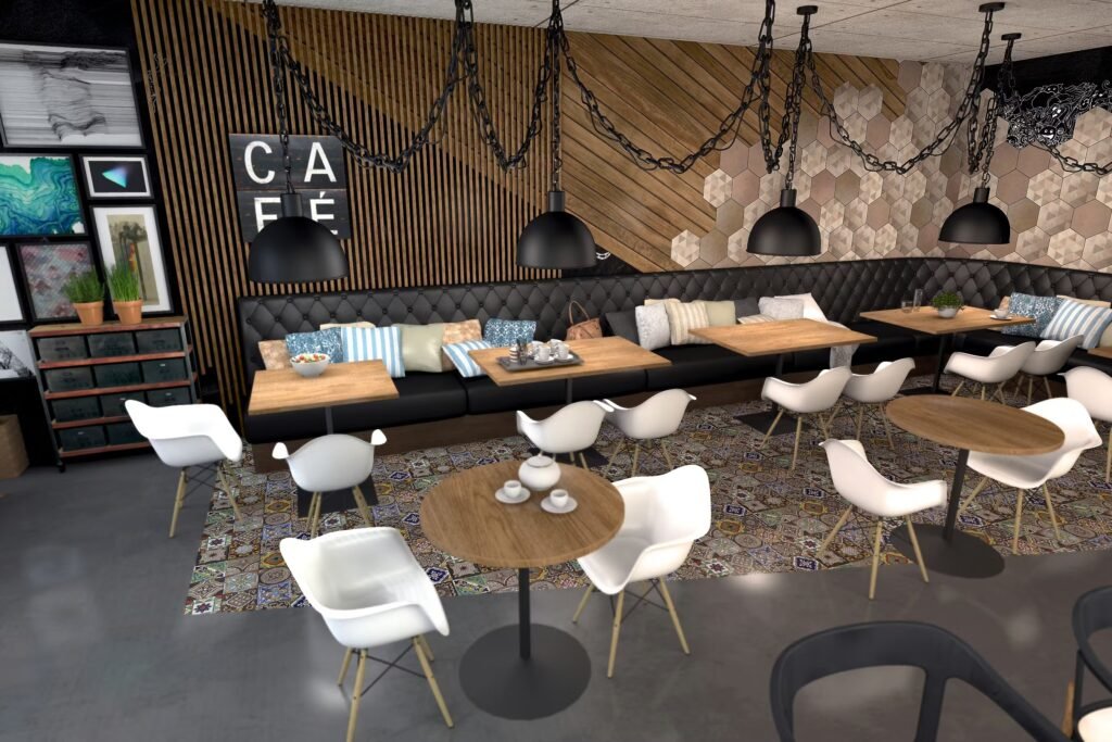 Cafe furniture seating with wooden tables and chairs in a modern cafe interior in Mumbai