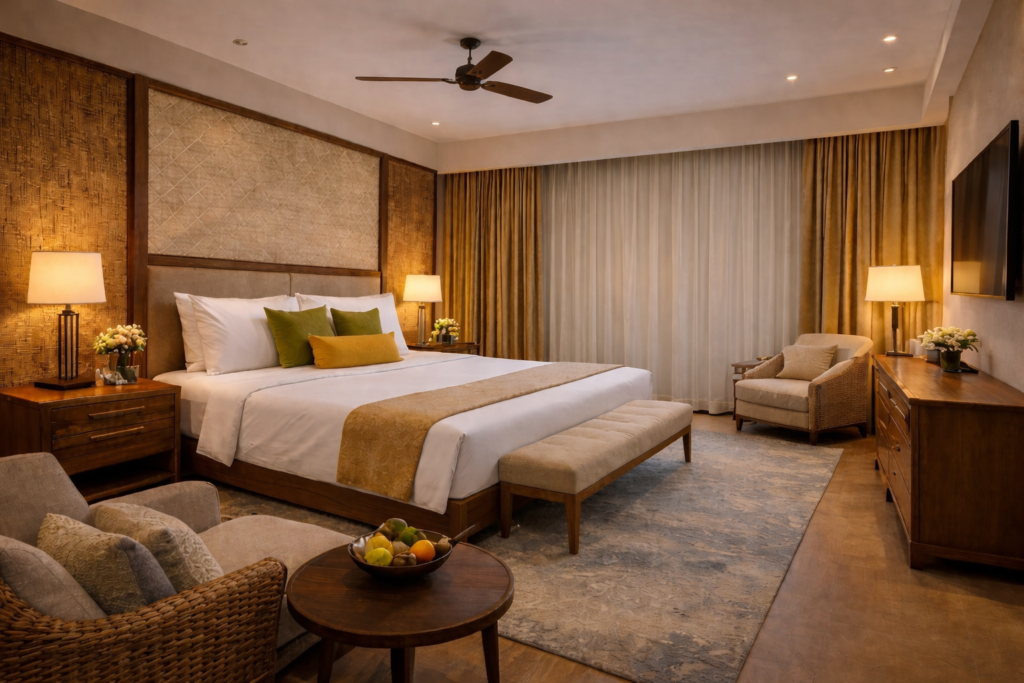 Premium hotel bedroom interior with wooden furniture including king size bed, bedside tables, dresser and seating area designed for luxury hospitality spaces