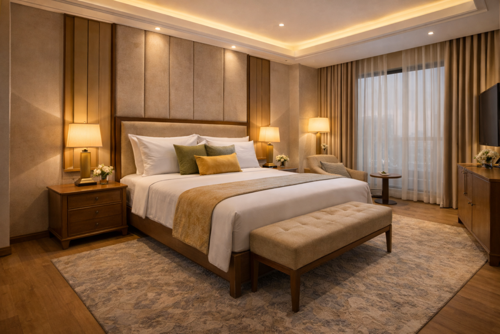 Luxury hotel bedroom interior with premium wooden bed, bedside tables and elegant hospitality furniture design